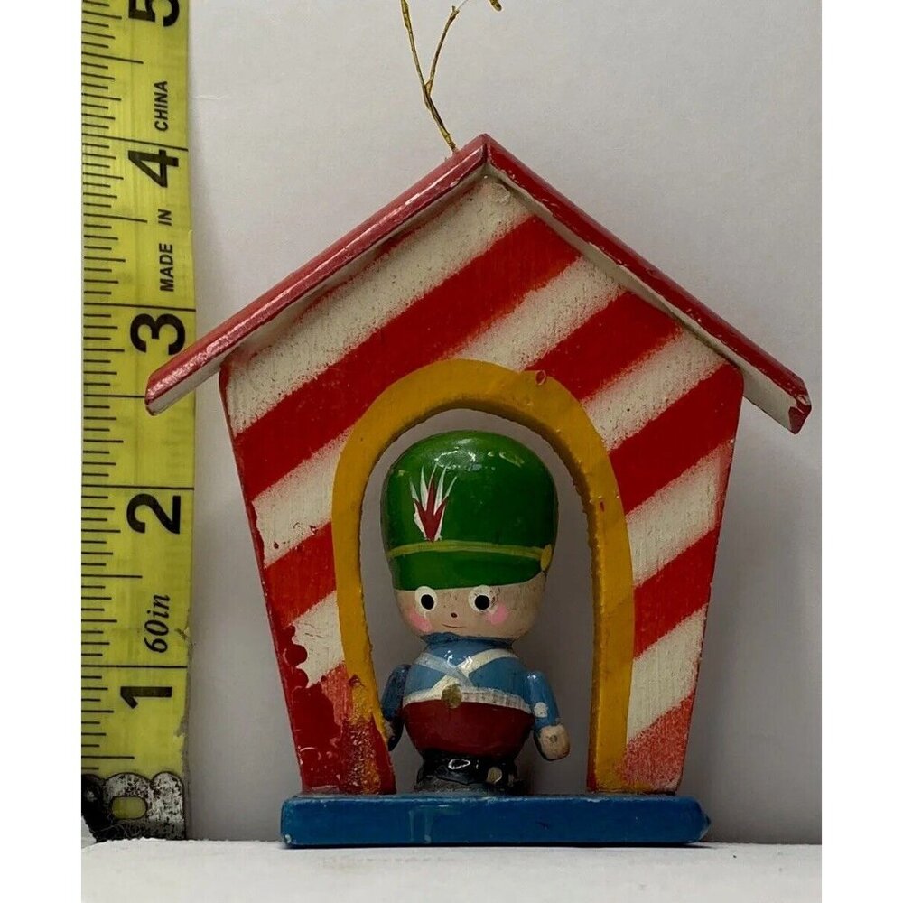 Vintage 1976 wood toy soldier Christmas ornament Taiwan Distressed Hand Painted